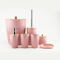 7 Pieces Bathroom Organizer Set Featuring Lidded Canister Dispenser Bottle Toothbrush Cup Countertop Organizer Durable Fluted Plastic and Bamboo-look Tops Suitable for Family Hotel Guest Room