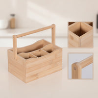 Bamboo Storage Box with Dividers Wooden Utensil Holder with Handle Countertop Cutlery Organizer for Tabletop