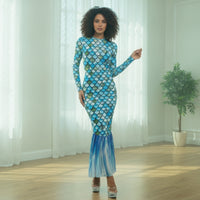 Long-Sleeve Mermaid Dress Fitted Fishtail Dress See-Through Evening Gown Lightweight for Women, Photoshoots, Themed Events, Costume Parties