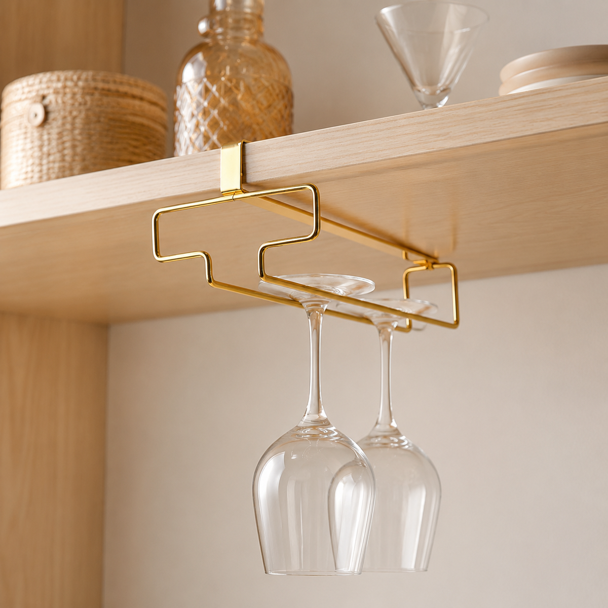 No-Drill Wine Glass Rack, Modern Metal Hanging Wine Glass Holder for Home Bar, Under Cabinet Stemware Rack, 26 cm