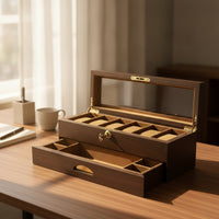 Watch Box with Glass Lid 6-Slot Watch Box with Drawer Sturdy Wooden Jewelry Organizer for Vanity