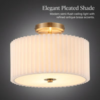 Ceiling Lights with Pleated Textile Shade for Living Room and Bedroom, LED Semi-Flush Mount Fitting for Low Ceilings, Modern Iron Body Design
