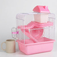 Hamster Cage and Syrian Hamster Habitat, 2-Tier Square Cartoon Style Golden Hamster Cage, Beginner Small Hamster Set for Indoor Use