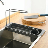 Telescopic Drain Basket Kitchen Sink Drainer, Stainless Steel Rectangular Over the Sink Rack, Slotted Kitchen Organiser for Counter Space Saving