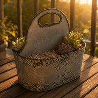 Metal Tabletop Planter Weathered Metal Flower Container Decorative Scroll Border