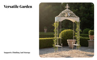 Weather Resistant Garden Archway with Seats Ornate Design Wrought Iron Garden Arch Heavy-Duty Metal Climbing Plant Trellis Baroque Design for Gardeners, Homeowners, Event Planners, Pathway Entrance, Courtyard, Patio, Yard