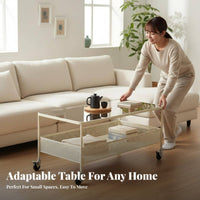2-Tier Glass Top Tea Table With casters Mobile Storage Space-Saving for Renters