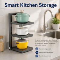 Three-Layer Pot and Pan Rack, Adjustable Cookware Storage Unit, Carbon Steel Pan Organiser for Kitchen Countertop, No Assembly Required