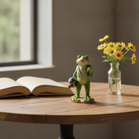 Cute Frog Figurine with Shoulder Pole Whimsical Cartoon Frog Statue Decorative Sculpture Funny for Collectors, Living Room, Bookshelf, Office, Plant Display