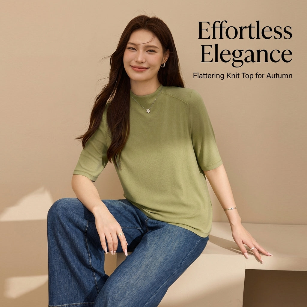 Business Casual Mock Neck Knit Top for Plus Size Women, Half Sleeve Pullover Sweater for Office Wear, Breathable Viscose Fibre Blend