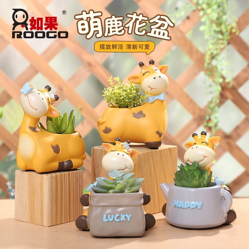 Cartoon Cute Deer Resin Succulent Flower Pot for Balcony Garden Office Desk