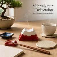 Mount Fuji Ceramic Diffuser Stone & Miniature Ornament Set, Hand-Painted Japanese Micro-Landscape Decor with Cherry Blossom