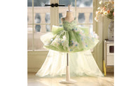 Green Flower Girl Dress with Train Large Back Bow for Wedding, Performance