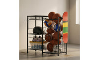 Wire Frame Sports Ball Rack Black Metal Tiered Ball Rack Elastic Straps Foldable for Indoor Use