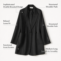 Shoulder Pads Ladies Blazers with Double Breasted Design for Office Wear, Plus Size Womens Long Sleeve Jacket, Business Casual Mid Length