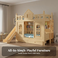Castle Bunk Bed with Slide Multi-Functional Tiered Sleeping Arrangement Bed Slide Storage Space Saving for Children, Parents, Playroom, Bedroom, Home