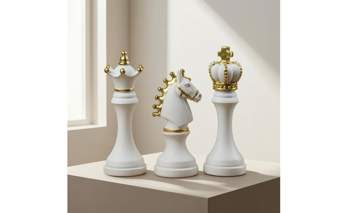 3 Pieces Gold-Trimmed King Chess Piece Matte Chess Figurines Sculptural Decorative for Collectors, Desk, Office, Classroom