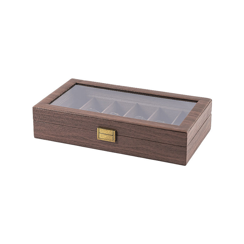 Retro Wood Grain Eyeglass Storage Box with Transparent Lid, Multi-Slot, Dustproof