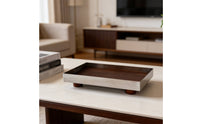Tray with Wood Interior Polished Stainless Steel Tray Modern for Coffee Table