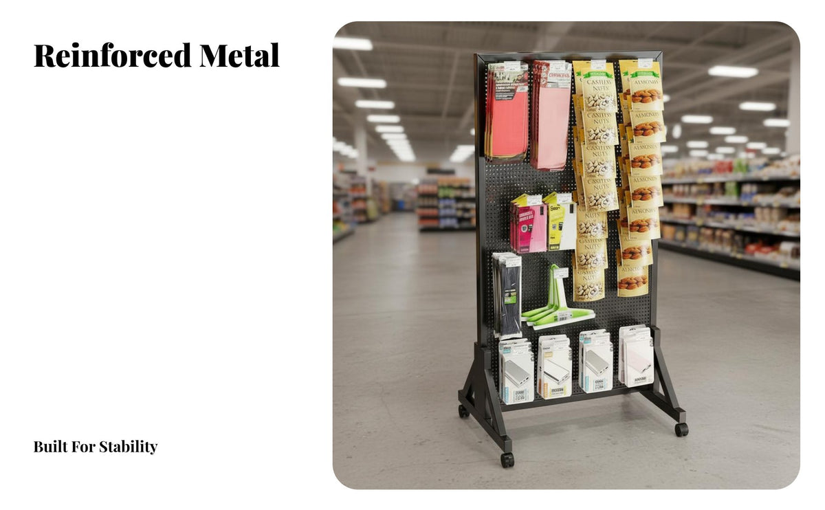 Multi-Functional Metal Pegboard Organizer on Wheels Easy Assembly Freestanding Pegboard Display Large Capacity Rolling Display Rack with Hooks Cold-Rolled Steel Construction for Retailers, DIY Enthusiasts, Craftsmen, Supermarket, Retail Shop, Exhibition