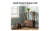 End Table with Drawer and Basket Distressed Finish Bedside Cabinet for Students