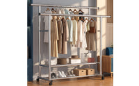 Adjustable Double Rod Clothes Rack Space-Saving Clothes Rack with Wheels Mobile Portable for Laundry Room, Entryway