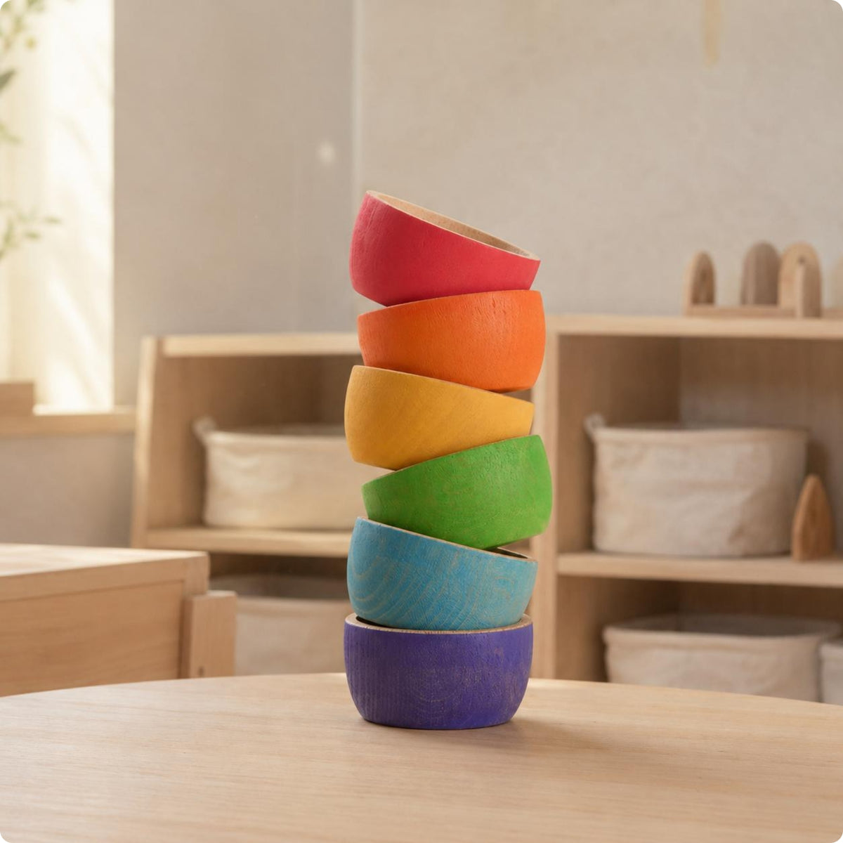6 Pieces Wooden Rainbow Bowl Set Natural Wood Interior Painted Rainbow Bowls