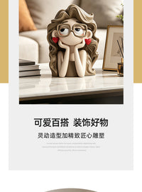 Glasses Girl Decorative Figurine for Desk, Nightstand, Office