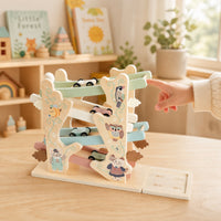Pastel Wooden Car Ramp with Cars Tabletop Sliding Track Toy with Cars Educational Car Ramp Toy Compact for Toddlers, Preschoolers, Kids, Playroom, Nursery, Preschool