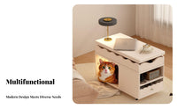 Rolling elevatingTop End Table with Pet Condo Space-Saving Indoor Feline House Rounded Corners for Small Areas, Living Room