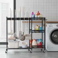 AllComplete Cleaning Tool Storage Rack Freestanding Broom Holder with Cleaning Supplies Organizer Wheeled Mop and Broom Holder Upright for Homeowners, Janitors, Utility Room, Garage, Closet