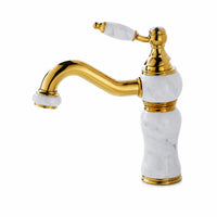 Polished Gold Faucet with Rotating Outlet Marble Textured Gooseneck Faucet Glossy Basin Tap Vintage for Bathroom, Powder Room, Guest Bath
