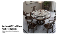 Solid Wood Dining Set with Turntable Heat Resistant New Chinese Design Dining Set High Temperature Resistance Kitchen Table with 6 Chairs for Families