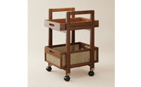 Rolling Cart with Rattan Basket Wood-Toned End Table with Wheels Sturdy