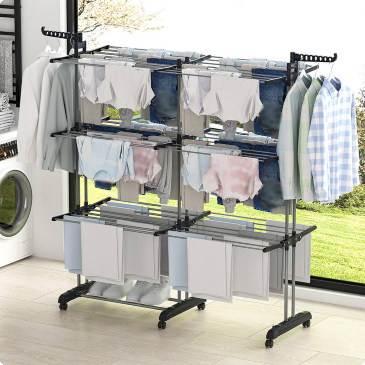 3 Tier Clothes Damp-Removing Rack Extendable Wing Damp-Removing Rack place Saving for Balcony