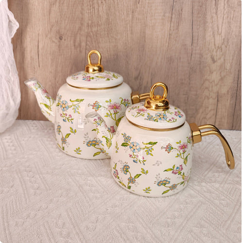 2 Pieces Retro Tea Kettle Floral Enamel Kettle Healthy