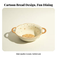 Cute Cartoon Bread Ceramic Bowl and Plate Set, Large Rice and Pasta Bowl, Tableware for Adults, Student Dorm, Single-Person Use