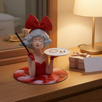 Attracting Tray Statue Red Girl Figurine with Tray Cloud Pattern Base