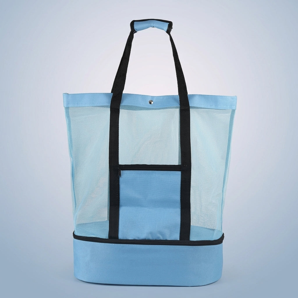 Lunch Box Tote Bag with Insulated Cool Bag Base, Large Cool Box for Shopping Bags and Delivery Bag, Mesh Design Beach Bags for Women with Zip