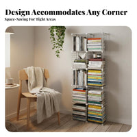 Narrow Floor Bookshelf Multi-Layer Design Metal Grid Shelf Space Saving