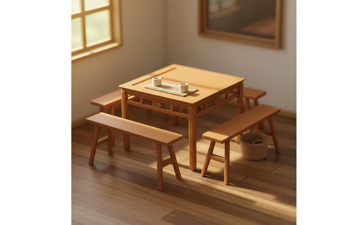 Miniature Long Bench Model Highly Detailed Miniature Table and Bench Set Pre-Assembled 1:18 Scale Doll Furniture for Hobbyists
