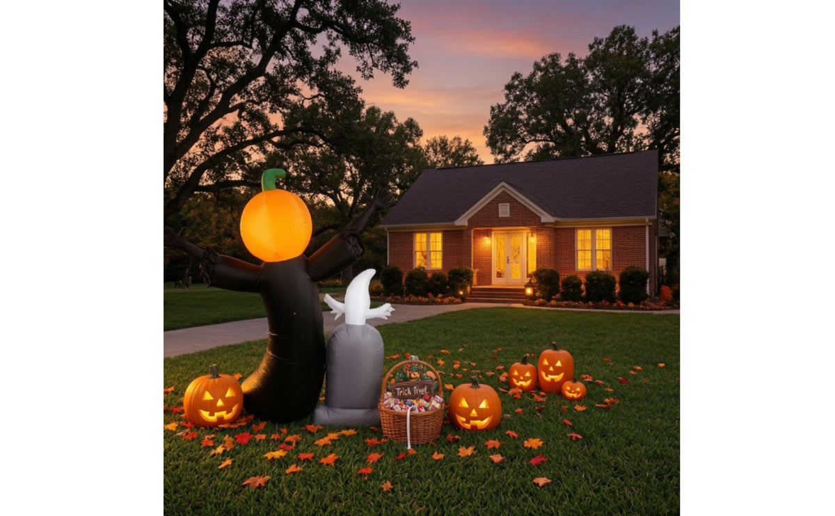 2 Pieces Inflate Pumpkin Head Ghost Tombstone Inflatable Decor Long-Lasting Skeleton Inflatable with Pumpkin Head Lightweight Decorations Tear-Resistant for Porch