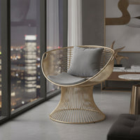 Gold-Tone Woven Metal Chair Contemporary Chair with Cushions Padded Furniture Comfy for Readers, Terrace