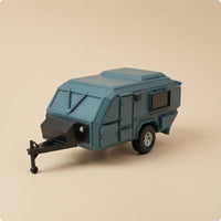 Blue-Gray Rugged-Road Travel Trailer Caravan Model Angular Body Miniature Caravan Model Single Axle Molded Panel Lines