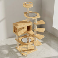 5-Tier Wood Cat House with Scratching Posts and Feeding Bowls, Oak Board Activity Centre Featuring a Comfortable Perch and Bed for Indoor Cats