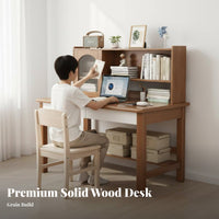 Study Desk with Storage Shelves Solid Wood Construction Writing Table with Bookshelf Multifunctional Student Workstation for Students, Adults, Bedroom