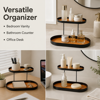 Black Metal Two Tier Tray, Oval Storage Tray with Leather Trim, 20x15.5x17cm Console Table Display Stand