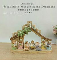 11-Piece Cartoon Nativity Scene Resin Craft Set with Tree and Stable