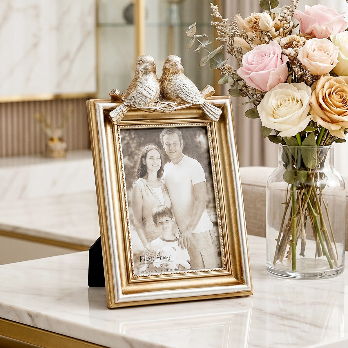 Vintage Resin Photo Frame with Two Birds and Gold Trim