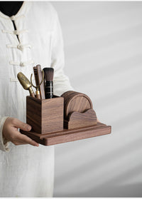 Walnut Wood Tea Set with Six Pieces and Coasters